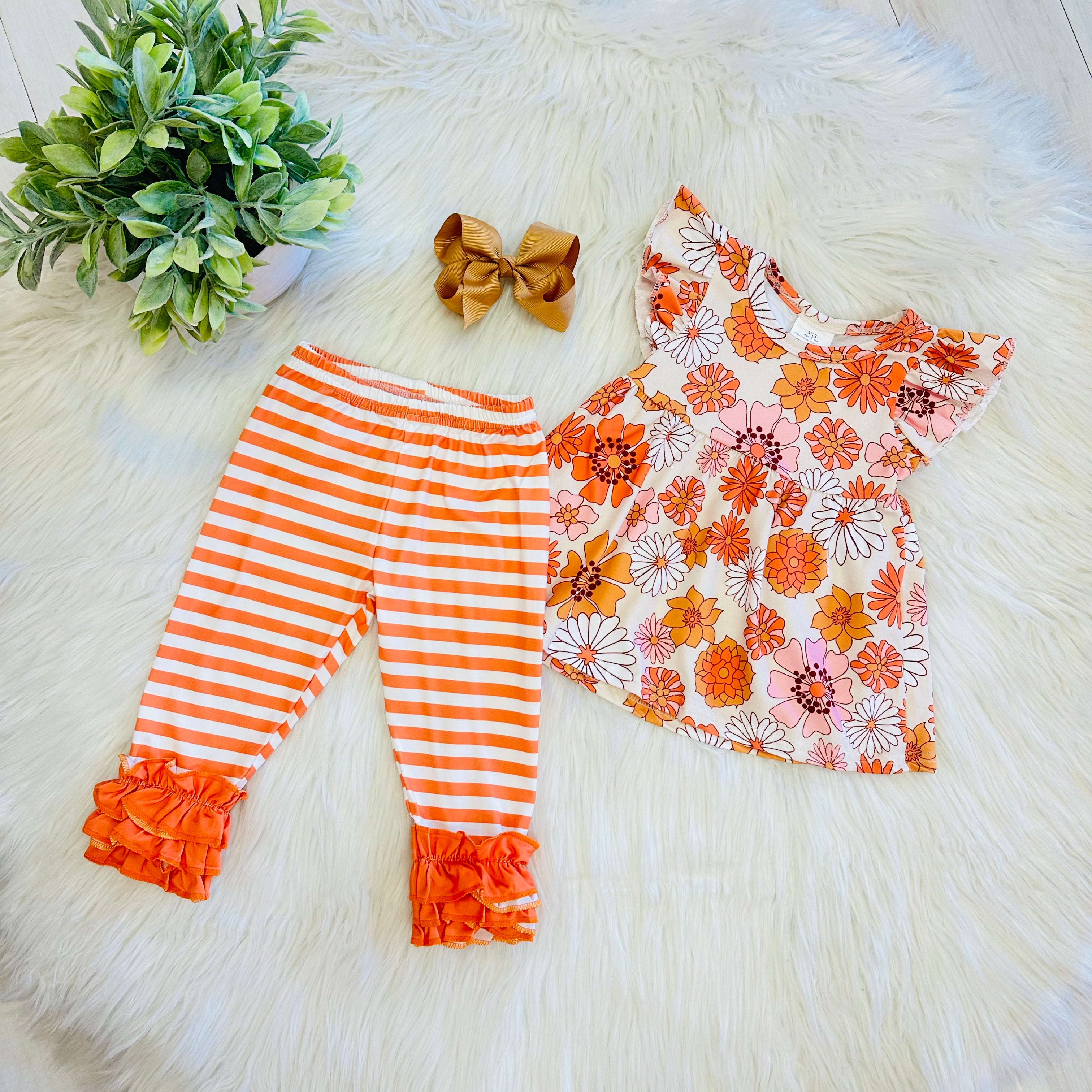 Girl’s Orange Floral and Stripe Set