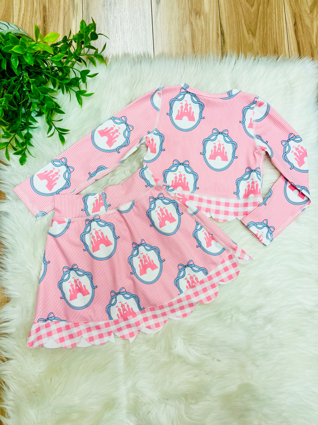 Girl’s Pink Striped Princess Skort Outfit Set with Scalloped Trim