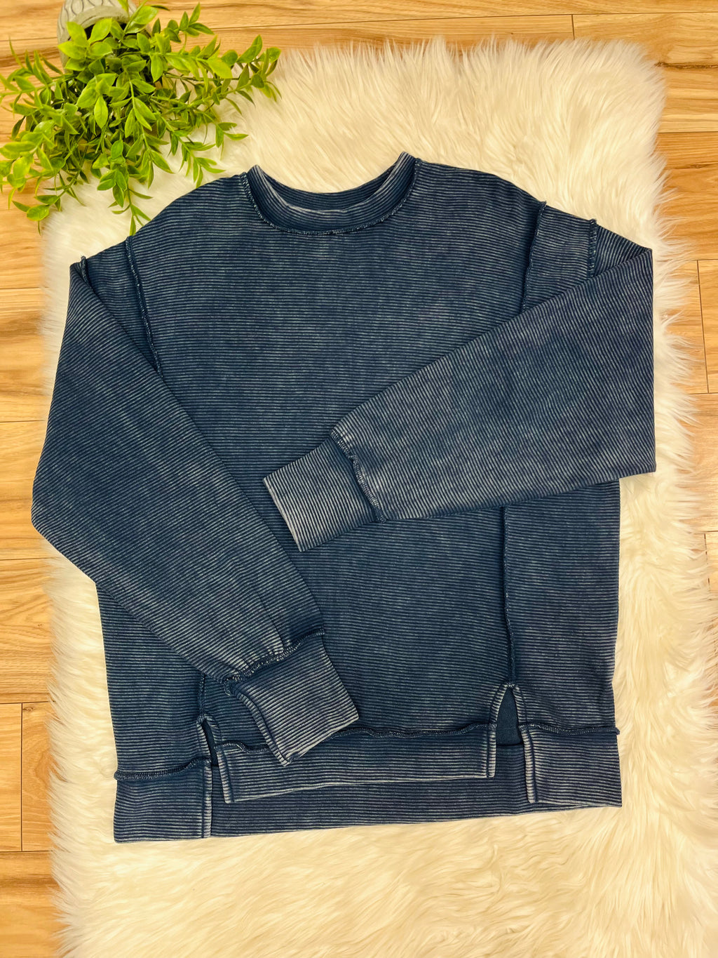 Women’s Zenana Navy Blue Ribbed Acid Wash Crewneck Top- Loose Fit