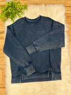 Women’s Zenana Navy Blue Ribbed Acid Wash Crewneck Top- Loose Fit