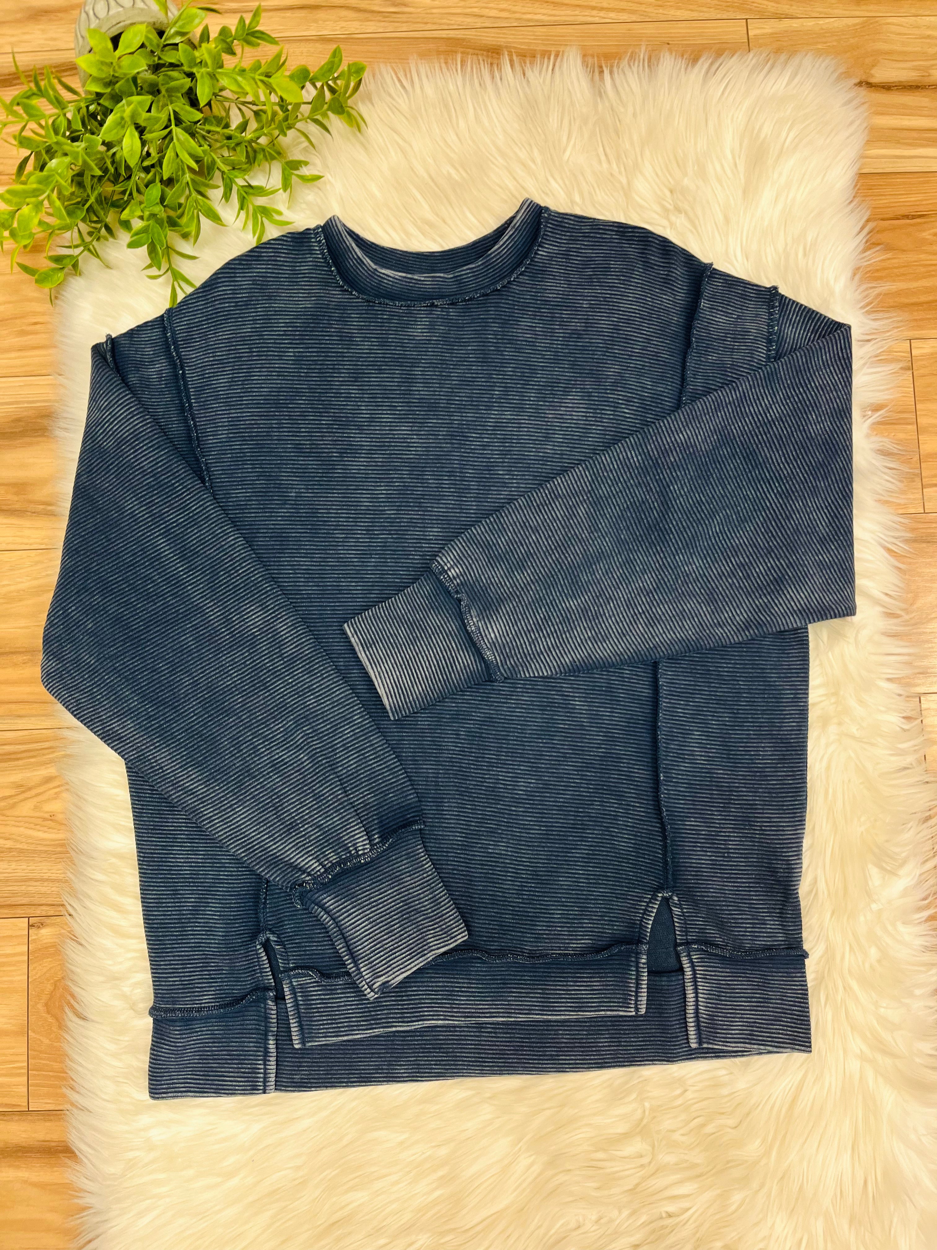 Women’s Zenana Navy Blue Ribbed Acid Wash Crewneck Top- Loose Fit