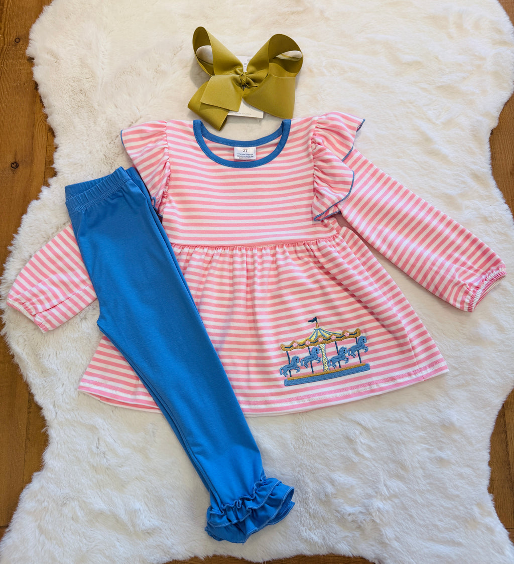 Girls Pink Carousal Embroidered Outfit Set