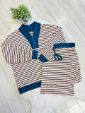 Women’s Curvy Evermmee Light Pink & Blue Quarter Zip Stripe Pant Set- Loose Fit