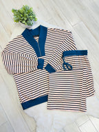 Women’s Curvy Evermmee Light Pink & Blue Quarter Zip Stripe Pant Set- Loose Fit