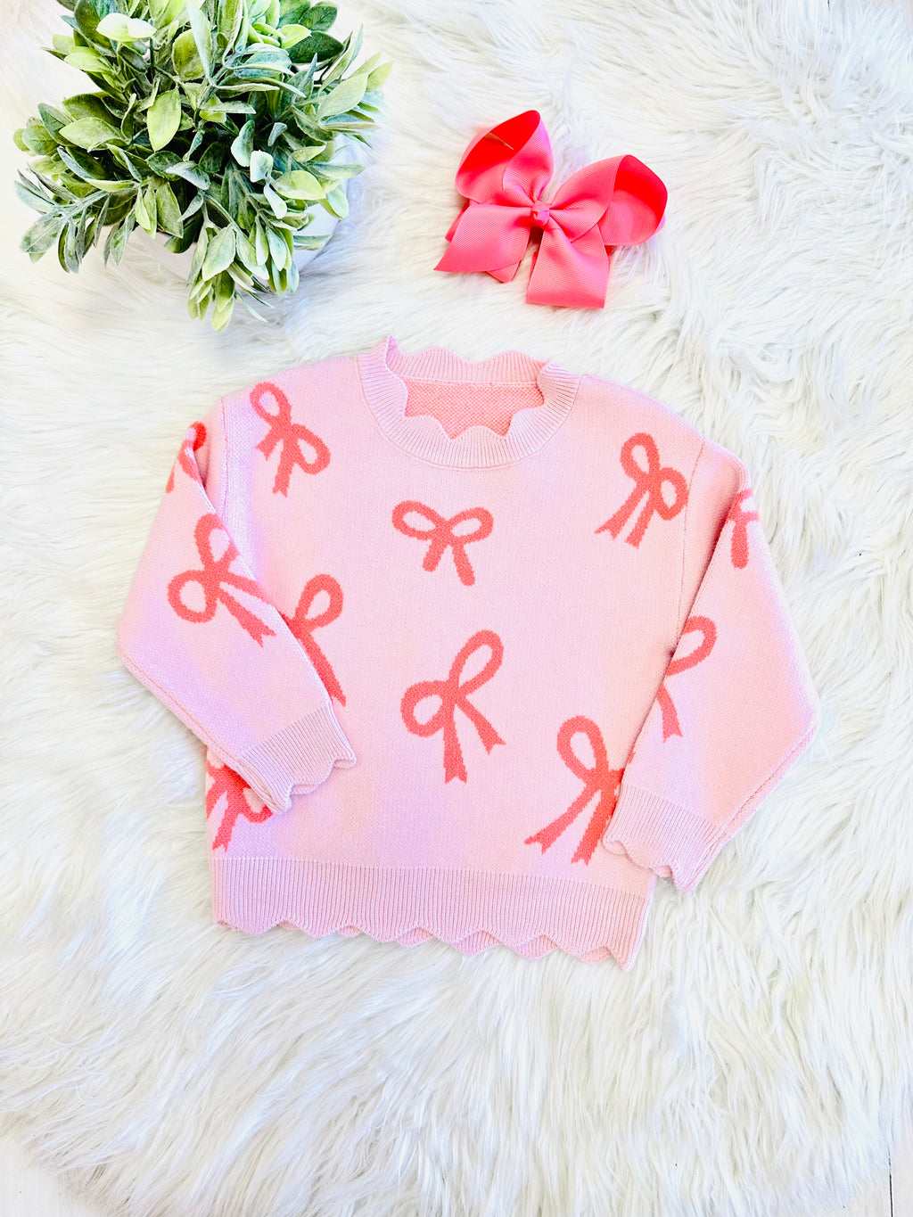 Girls Pink Bow Print Scalloped Sweater
