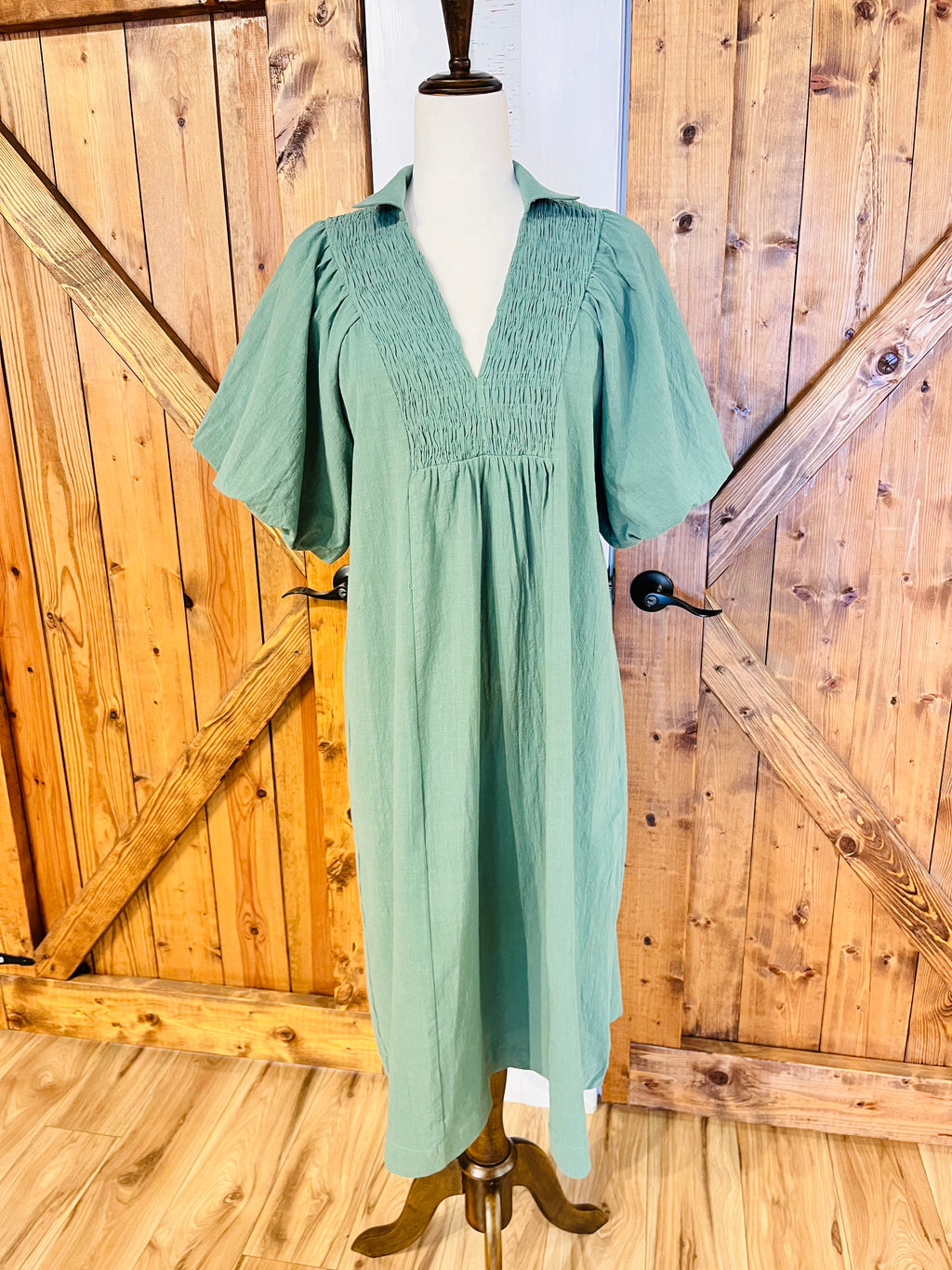 Women’s Umgee Green Smocked Collar Dress- Loose Fit