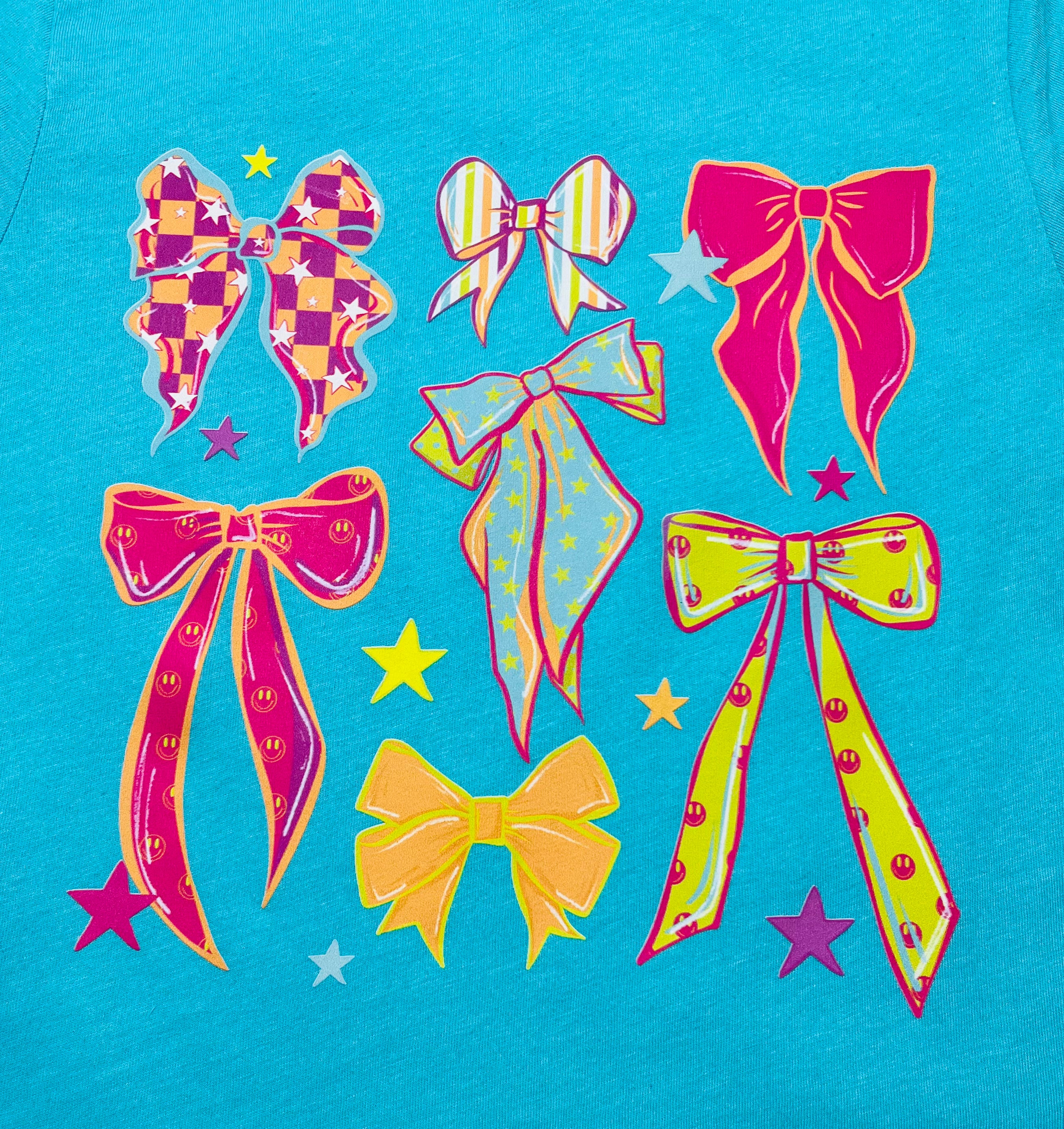 Girl’s Teal with Pink and Yellow Bows Tee