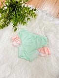 Girl’s Green Bathing Suit Bottoms with Peachy Pink Ruffle Trim