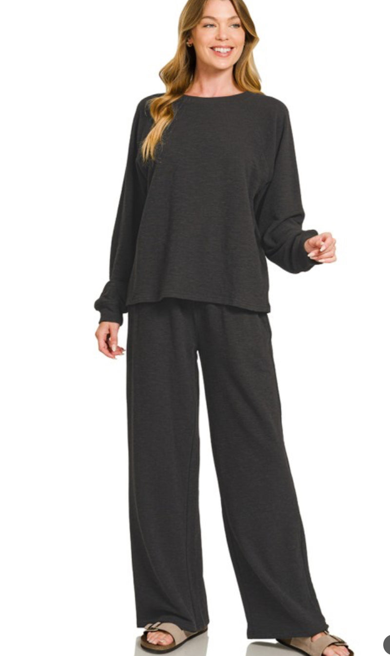 Zenana Long Sleeve Lounge Set Black