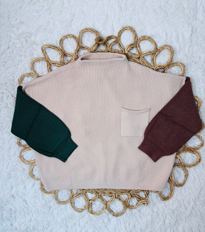 Taupe Contrast Sleeve Mock Neck Sweater Top