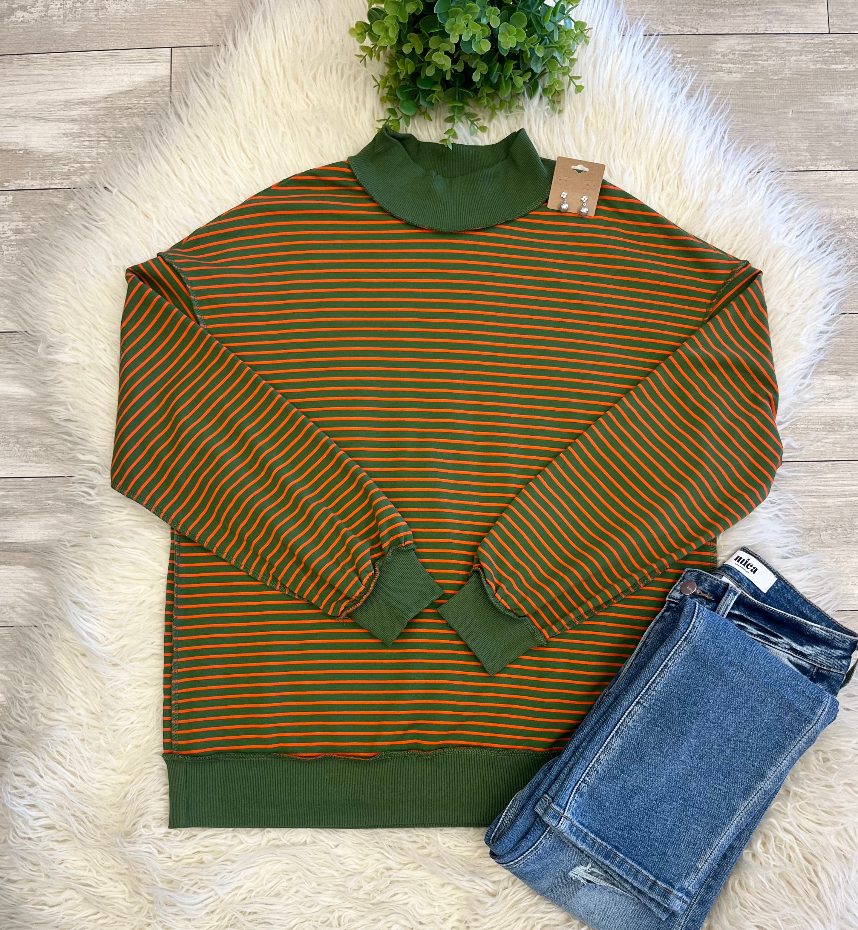 Women’s Evermmee Green & Orange Striped Mock Neck Cotton Top - True to Size with Oversized Look