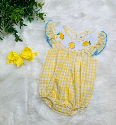 Girl’s yellow gingham lemon smocked glitter romper - Mini Mee Boutique