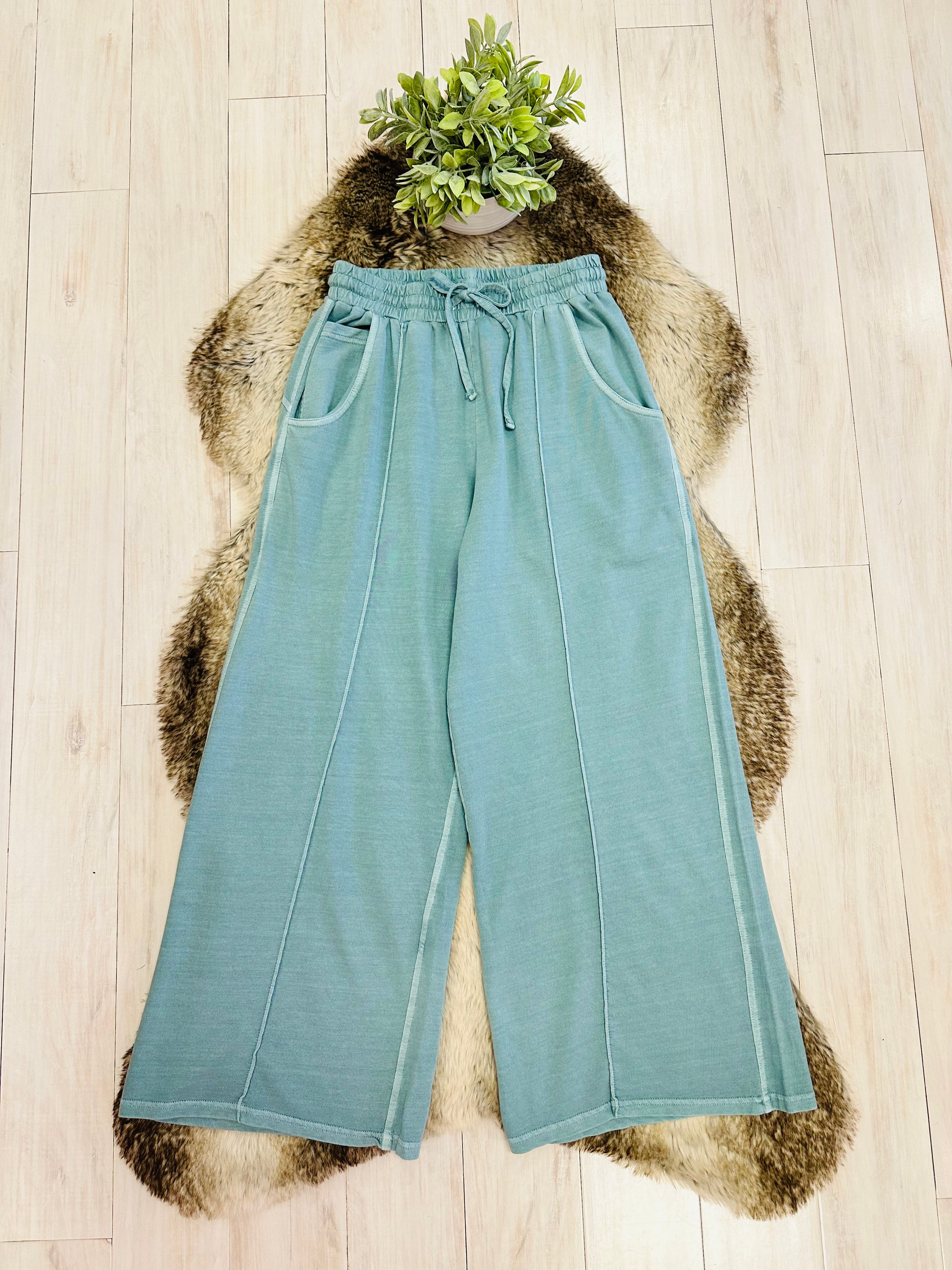 Women’s Ash Blue Wide Leg Crop/Petite Pants by Zenana- True to Size