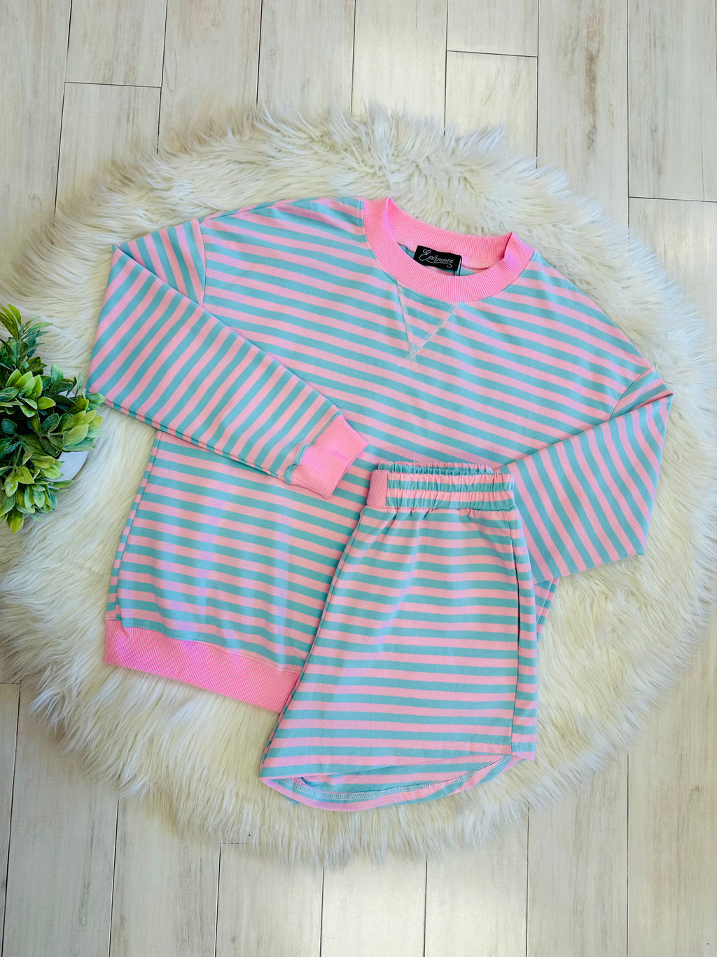 Women’s Pink and Blue Stripe Long Sleeve Short Set