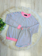Women’s Pink and Blue Stripe Long Sleeve Short Set