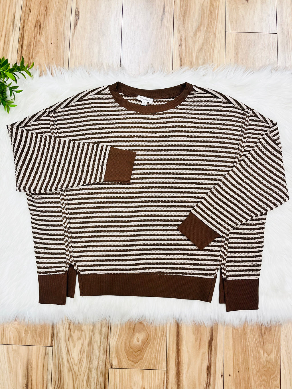 Women’s Mocha Brown Stripe Exposed Seam Split Hem Top by Blu Pepper- Loose Fit