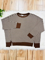Women’s Mocha Brown Stripe Exposed Seam Split Hem Top by Blu Pepper- Loose Fit