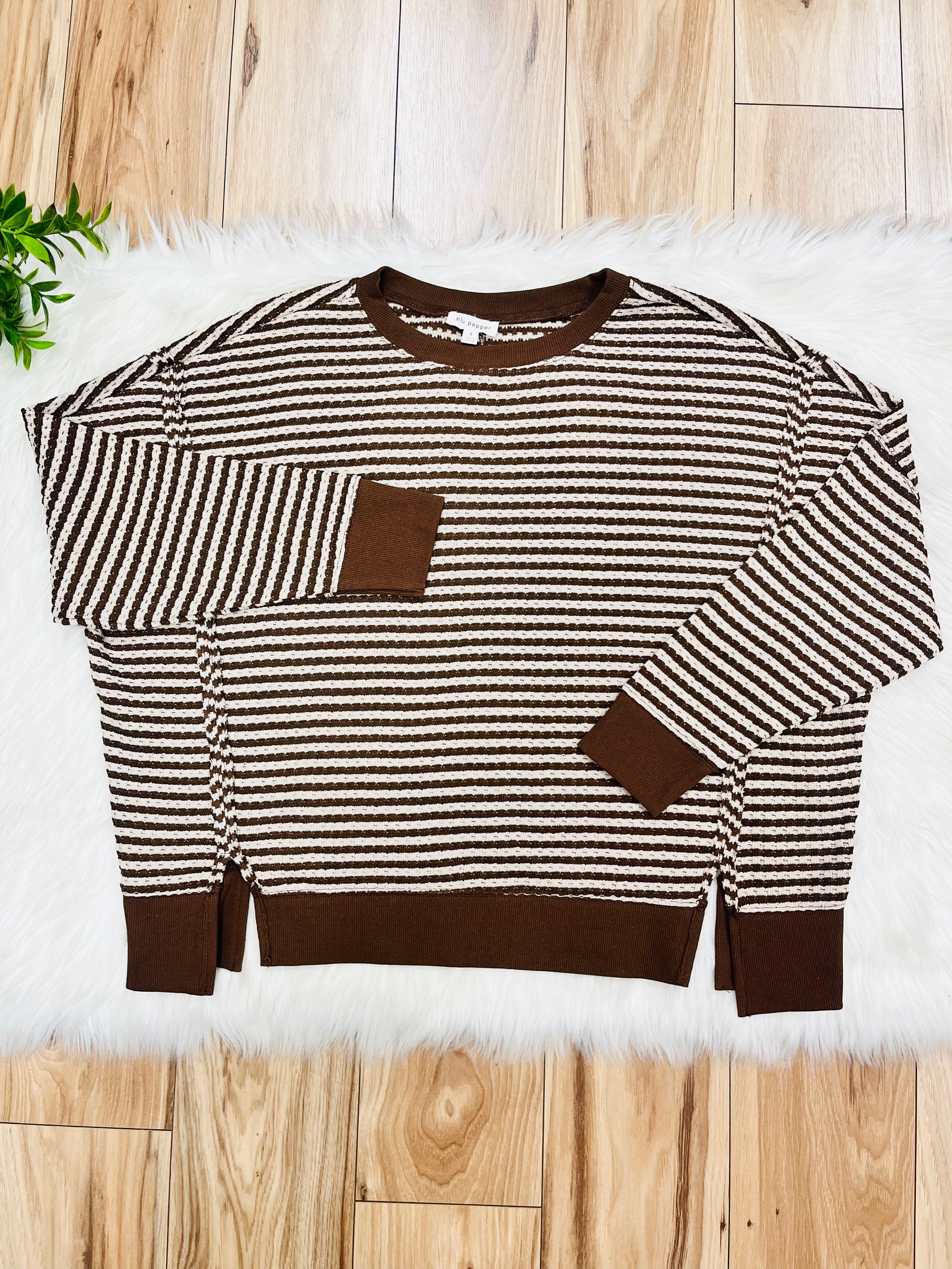 Women’s Mocha Brown Stripe Exposed Seam Split Hem Top by Blu Pepper- Loose Fit