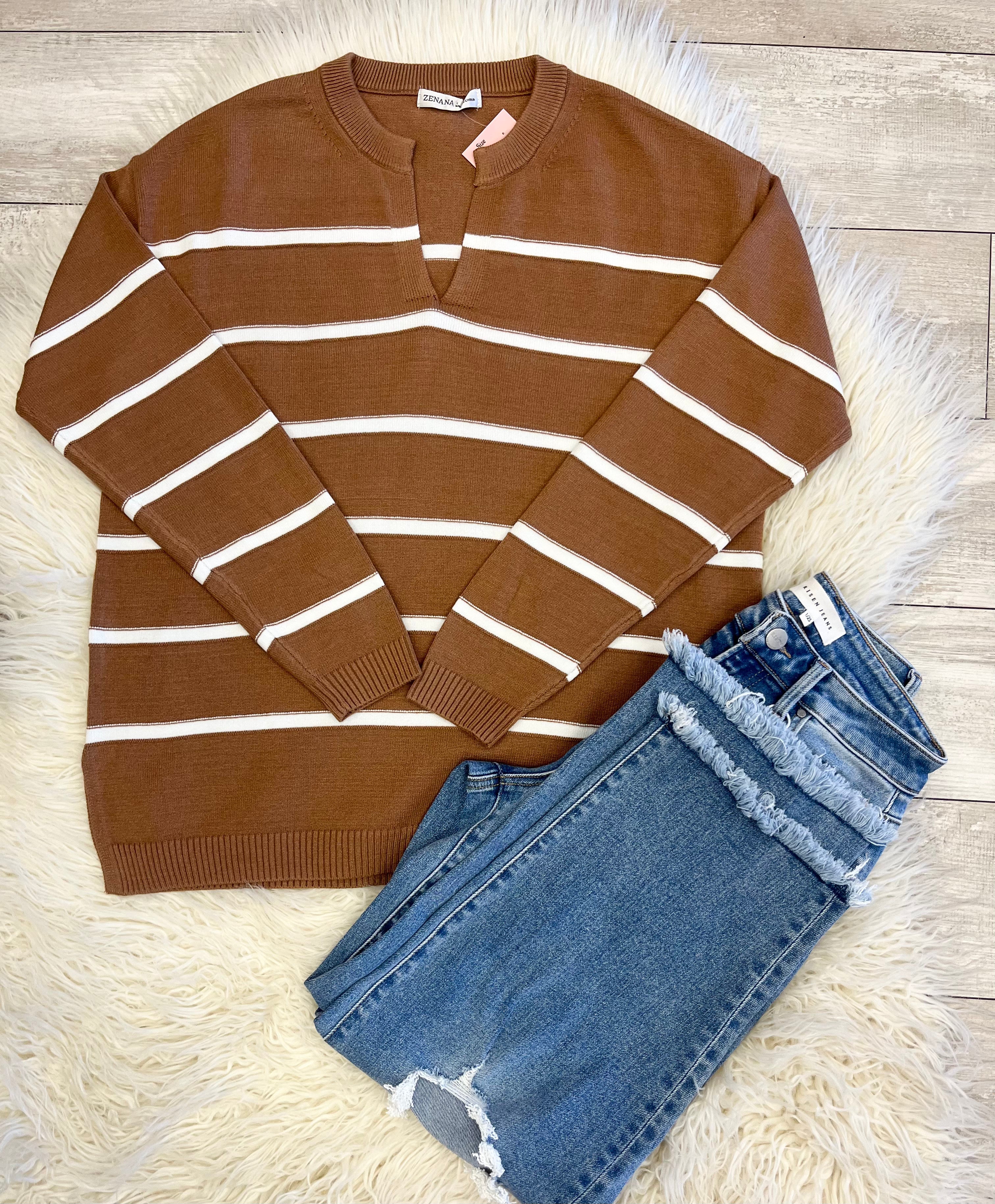 Women’s Zenana Trinity V-Neck Sweater In Dark Camel - True to Size