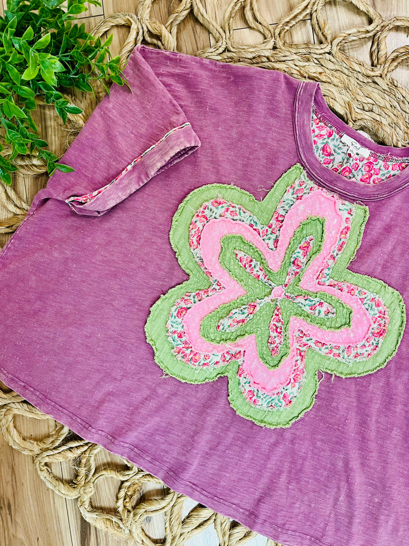 Easel Purple Top with Pink and Green Flower Patch - Mini Mee Boutique