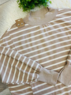 Women’s Taupe/Cream Striped Mock Neck Long Sleeve - Oversized Fit
