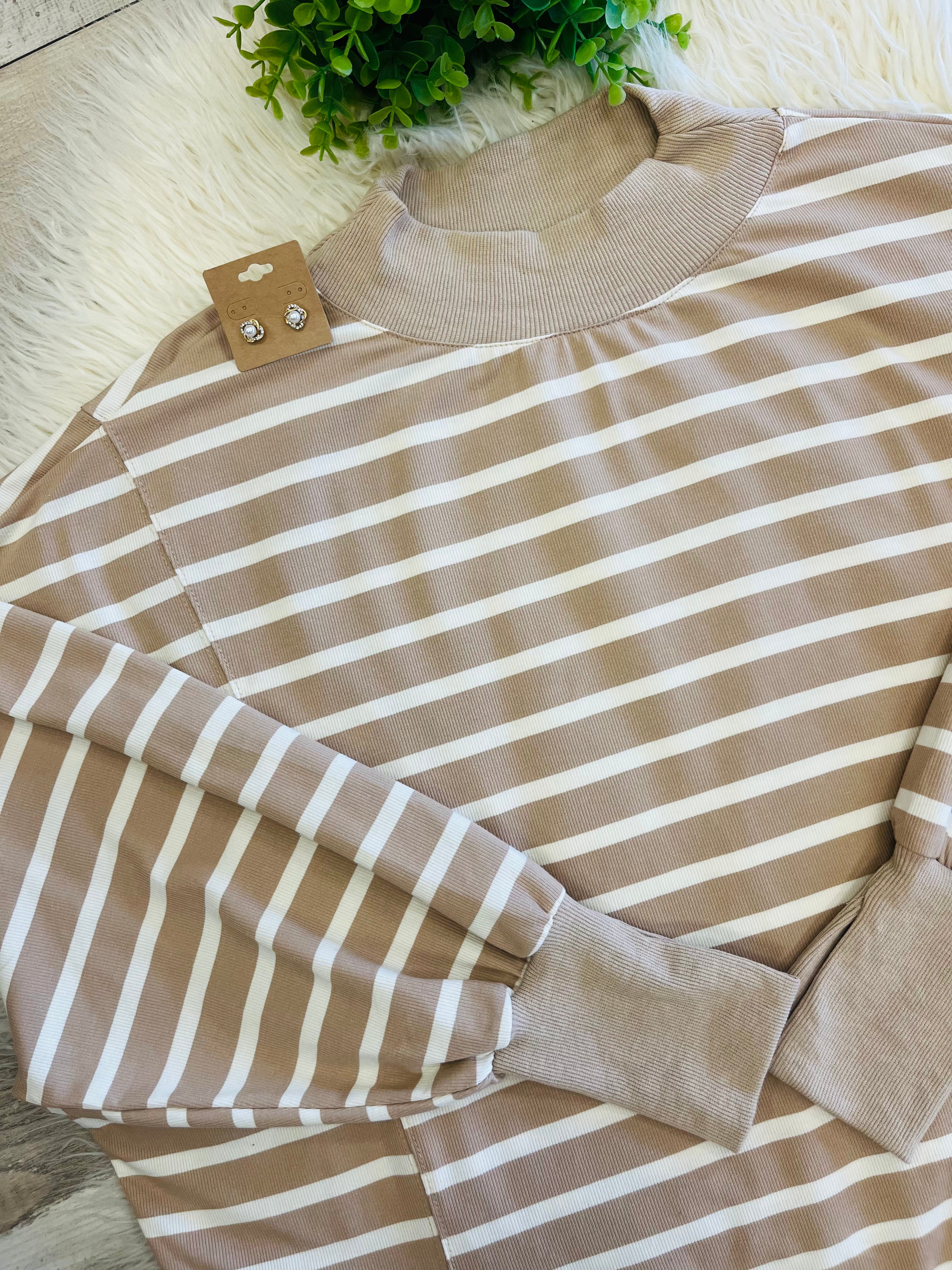 Women’s Taupe/Cream Striped Mock Neck Long Sleeve - Oversized Fit