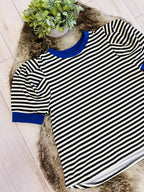 Women’s Umgee Black Striped Puff Sleeve Top with Blue Trim- True to Size