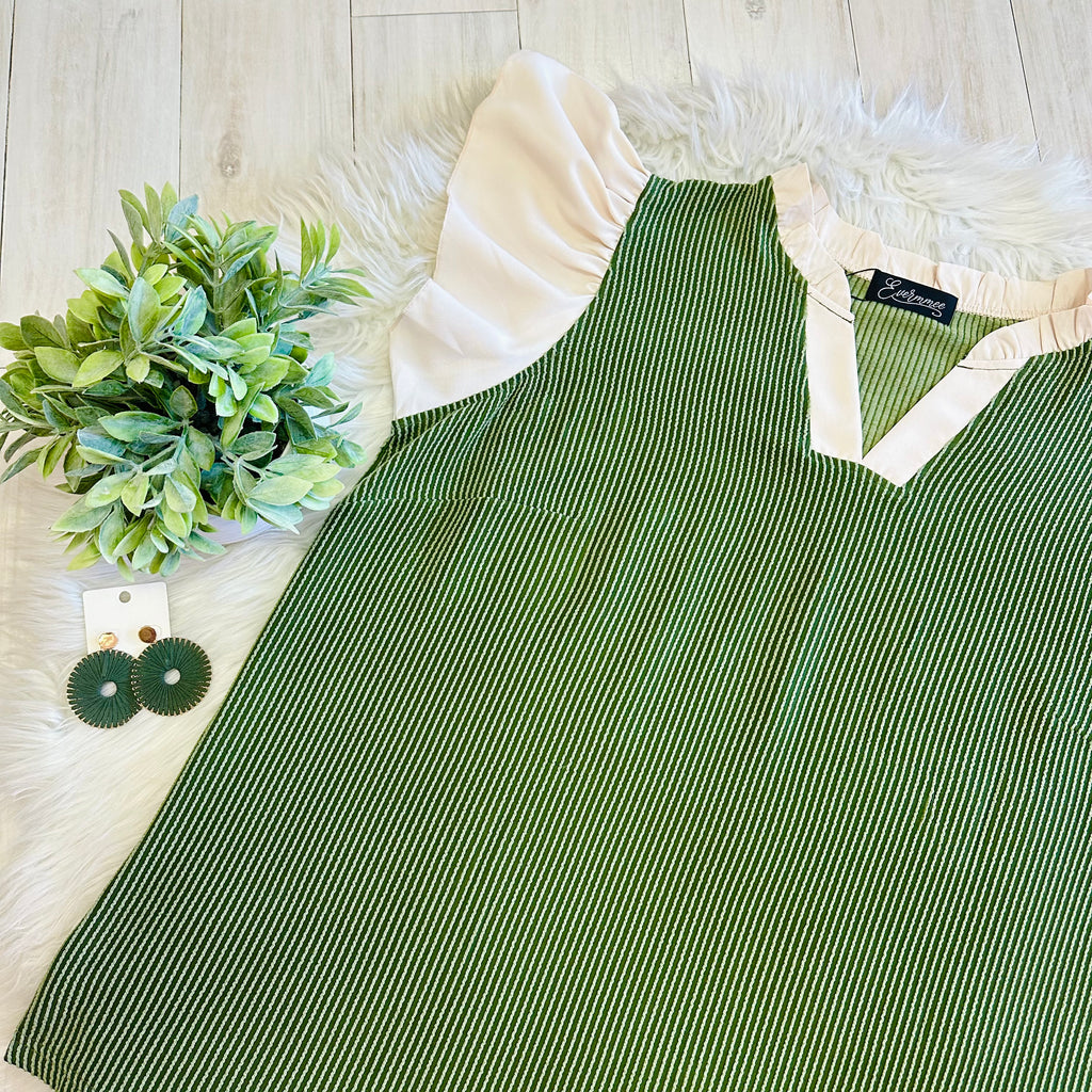 Women’s Evermmee Olive Green Ribbed Top with Flutter Sleeves