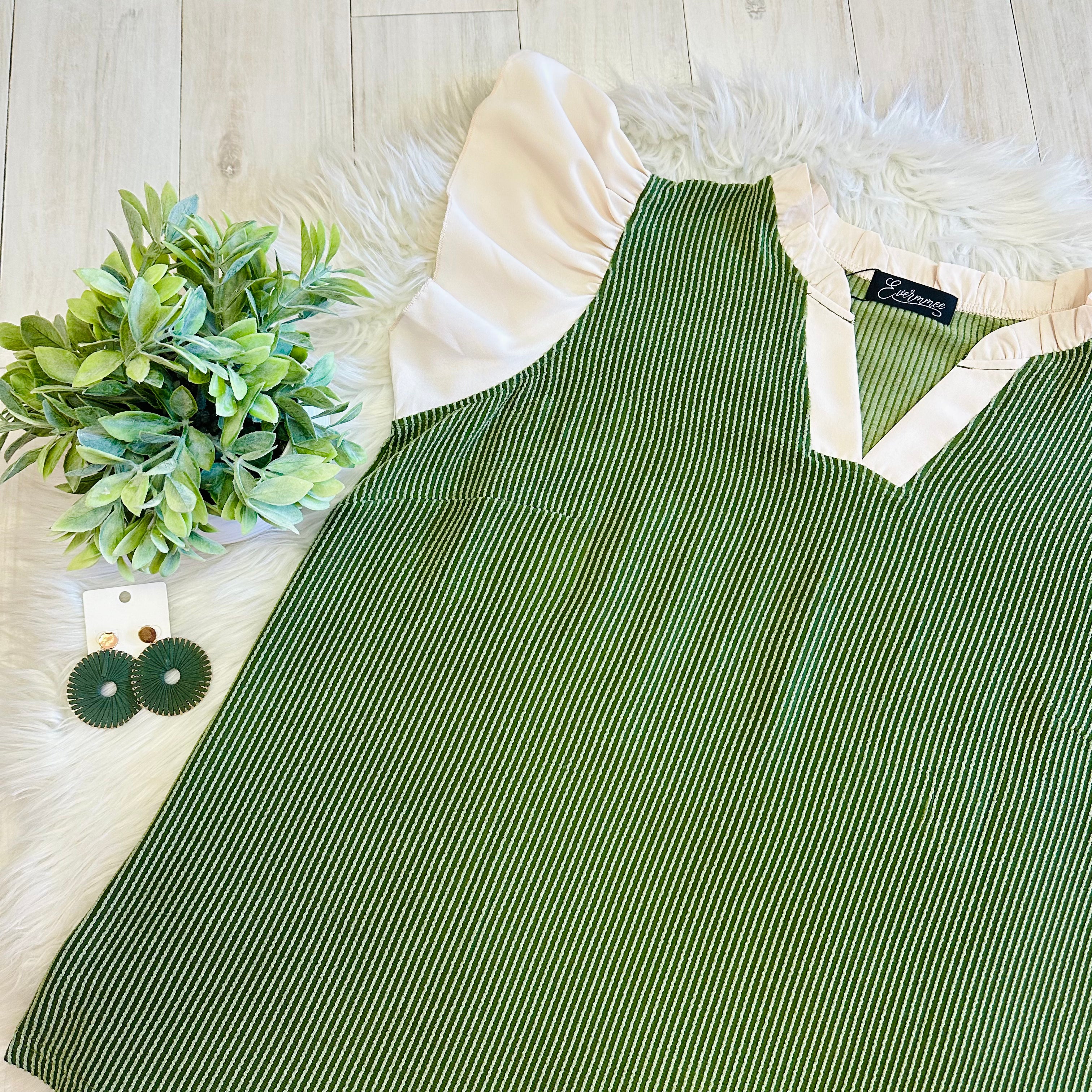 Women’s Evermmee Olive Green Ribbed Top with Flutter Sleeves