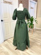 Women’s Evermmee Green Plaid Smocked Square Neck Midi Dress with Pockets - True to size