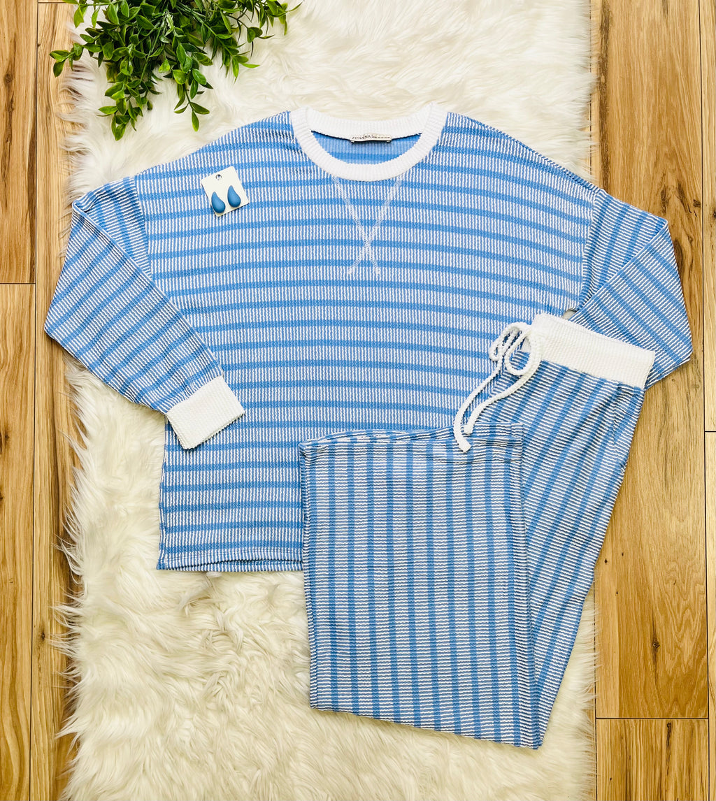 Women’s Zenana Cornflower Blue Striped Ribbed Pant Set