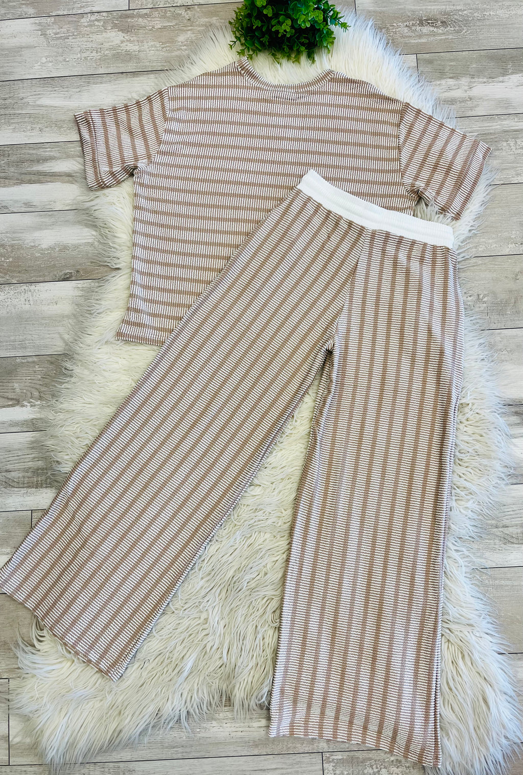 Women’s Zenana Beige Ribbed Drop - Shoulder Two Piece Set