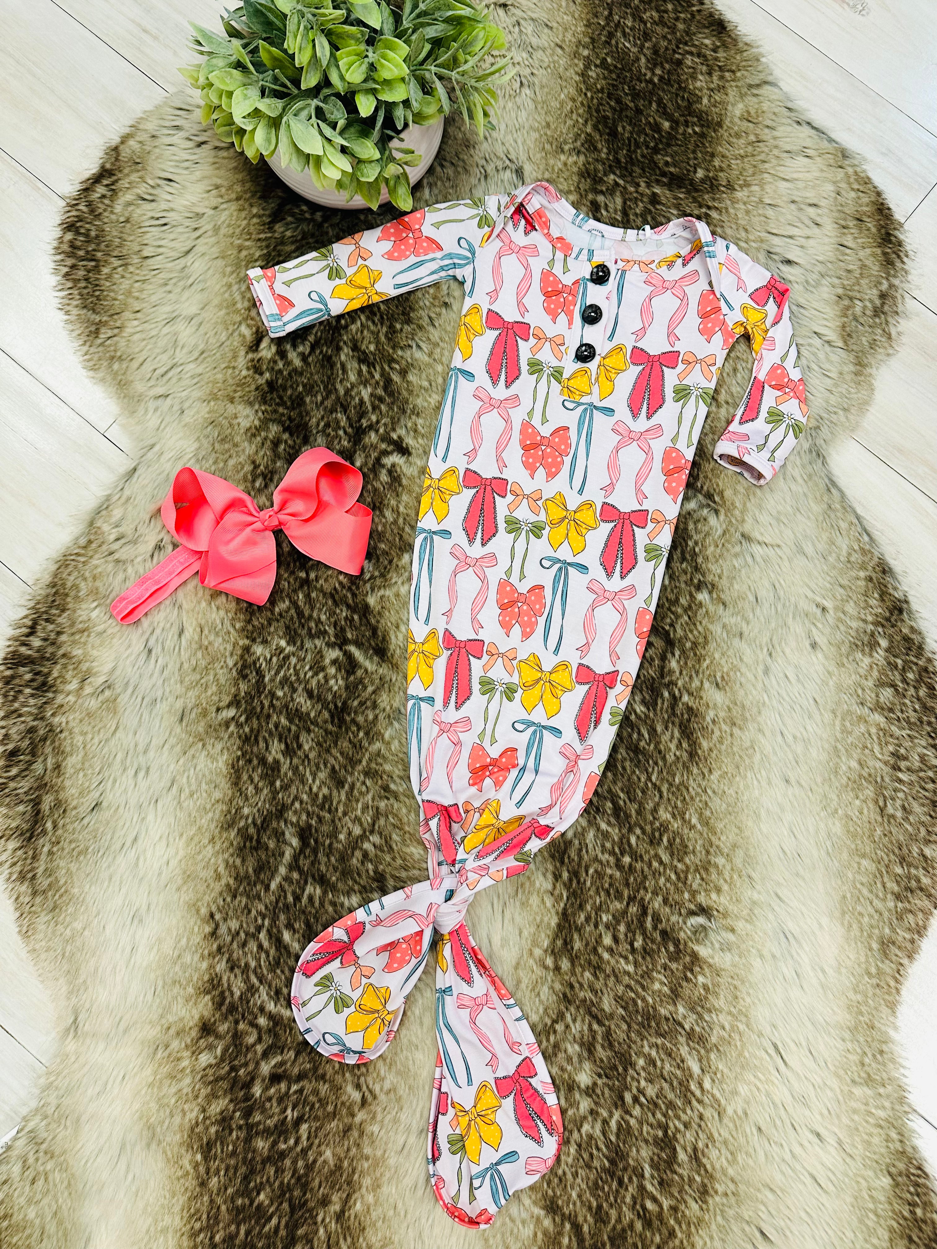 Girl’s Bow Printed Knotted Gown with Matching Headband