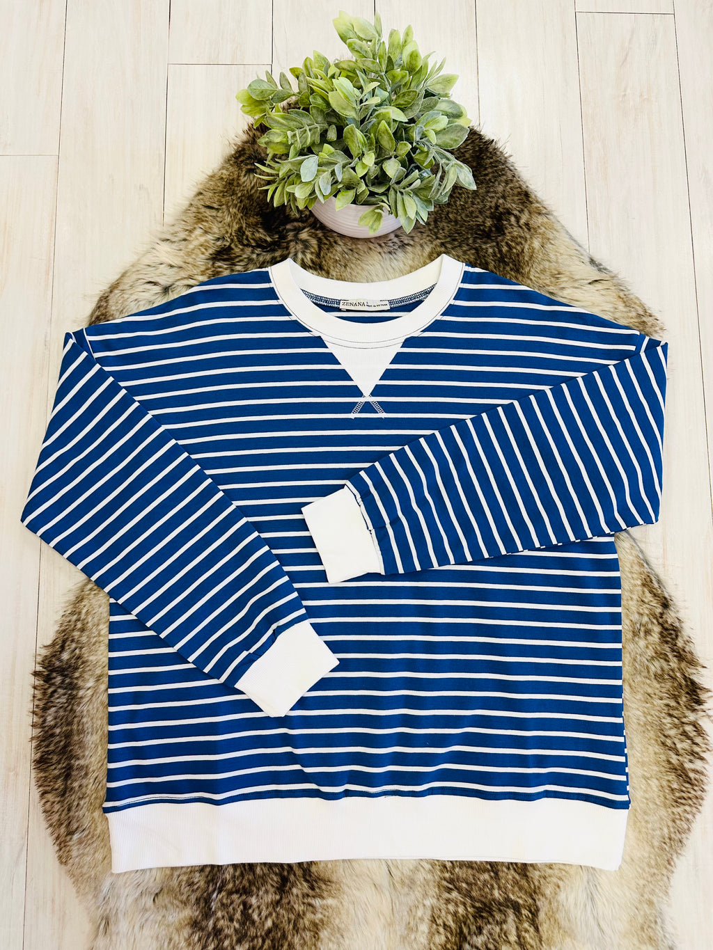 Women’s Zenana Royal Blue Striped Long Sleeve Top with White Trim- True to Size