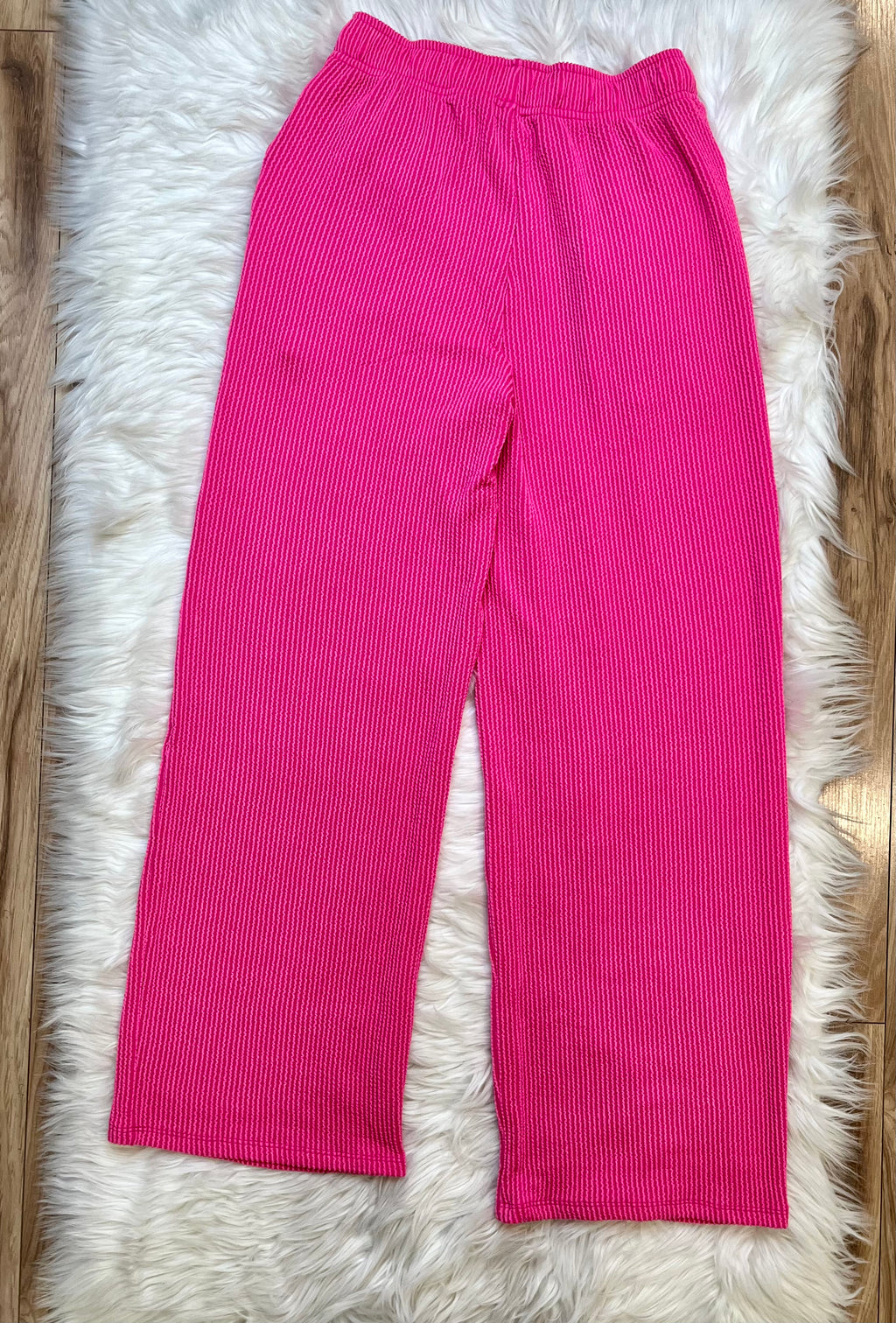 Women’s Ribbed Short Sleeve Drawstring Pants Set Hot Pink