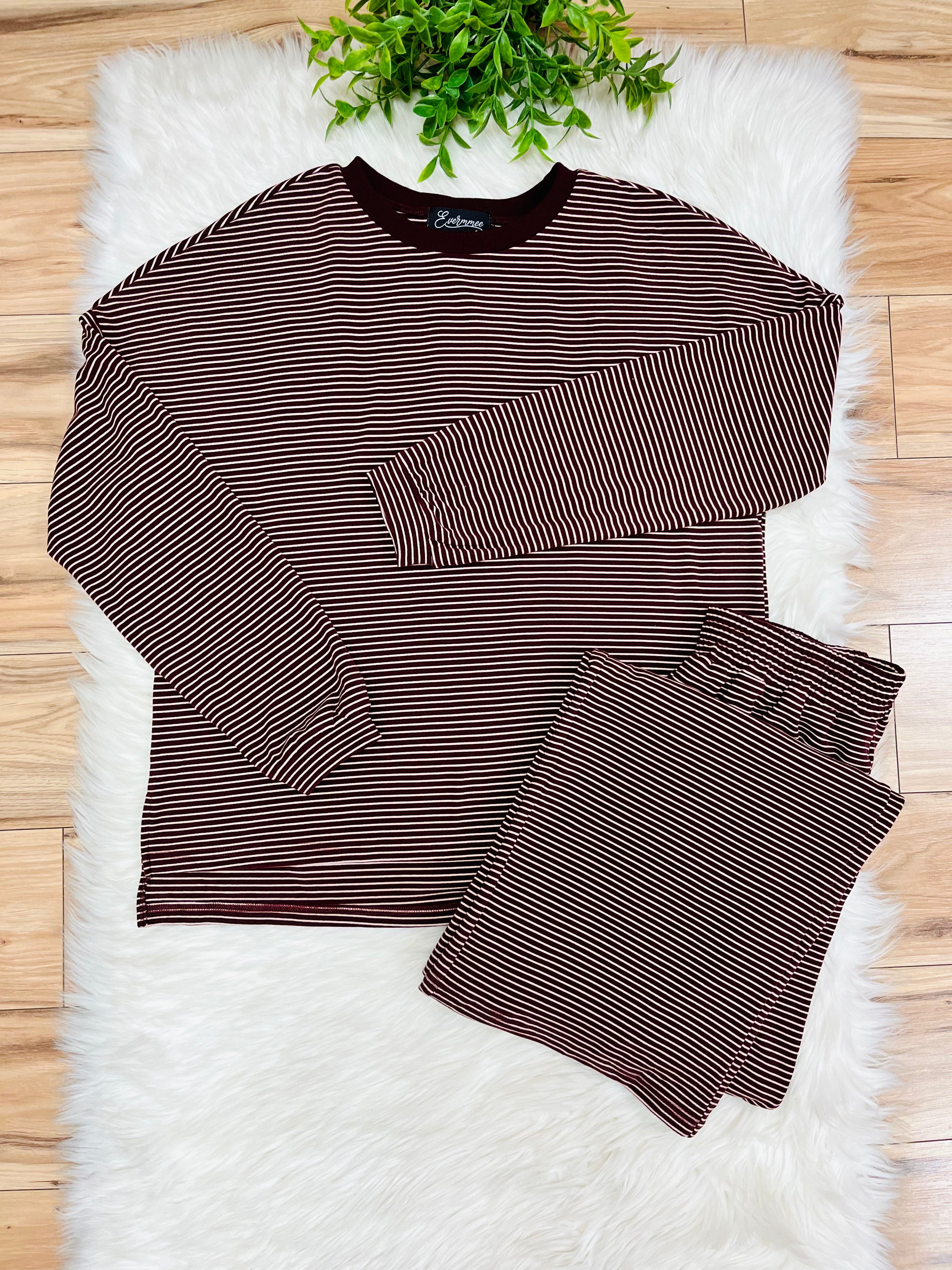 Women’s Evermmee Burgundy Stripe Pant Set- Loose Fit