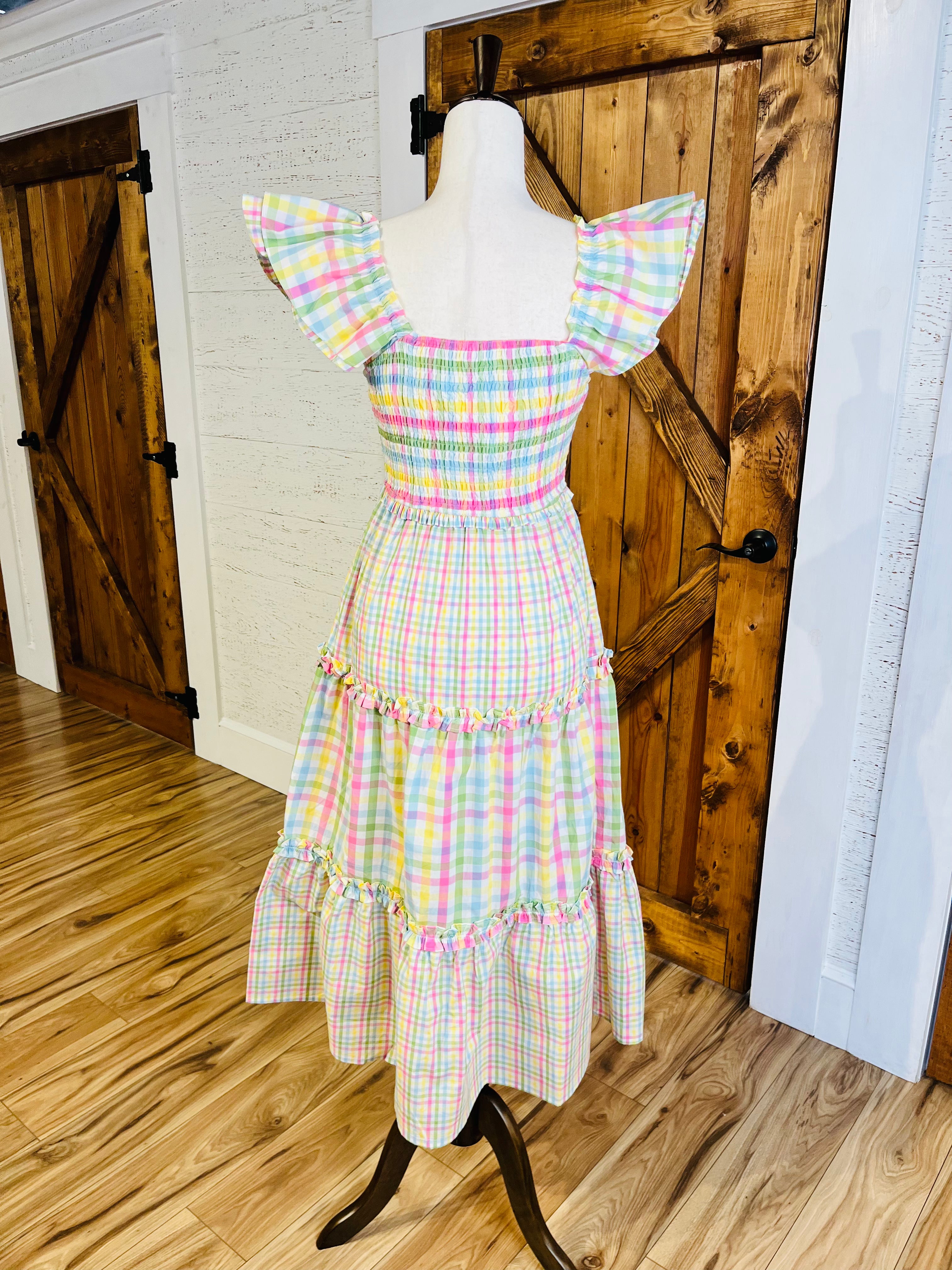 Women’s Pastel Multi Color Gingham Flutter Sleeve Dress