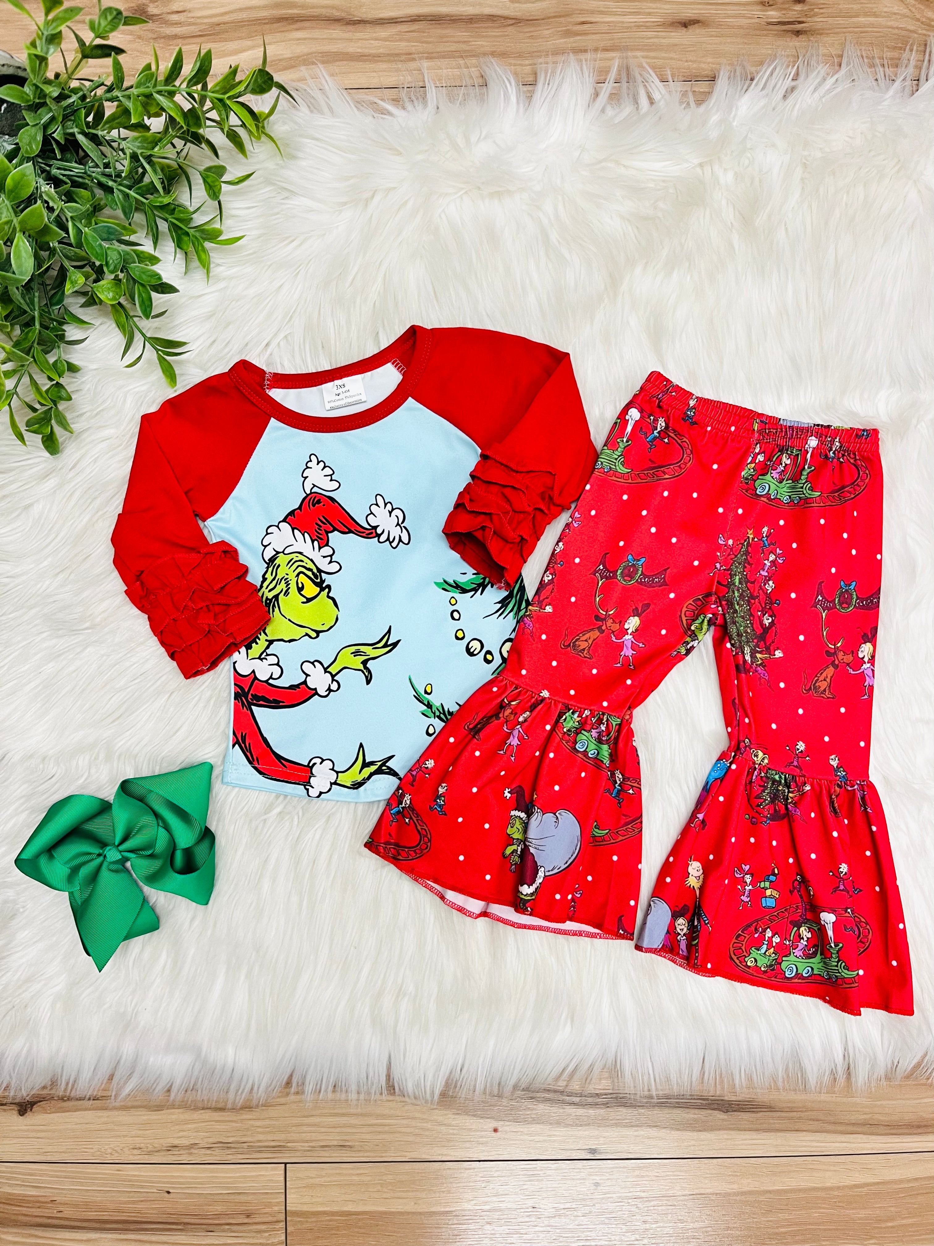 Girl’s Grinch Flare Pant Outfit with Ruffles