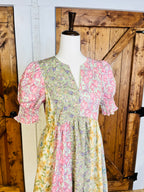 Women’s GiGiO Sage Mixed Floral Print Midi Dress with Puff Sleeves