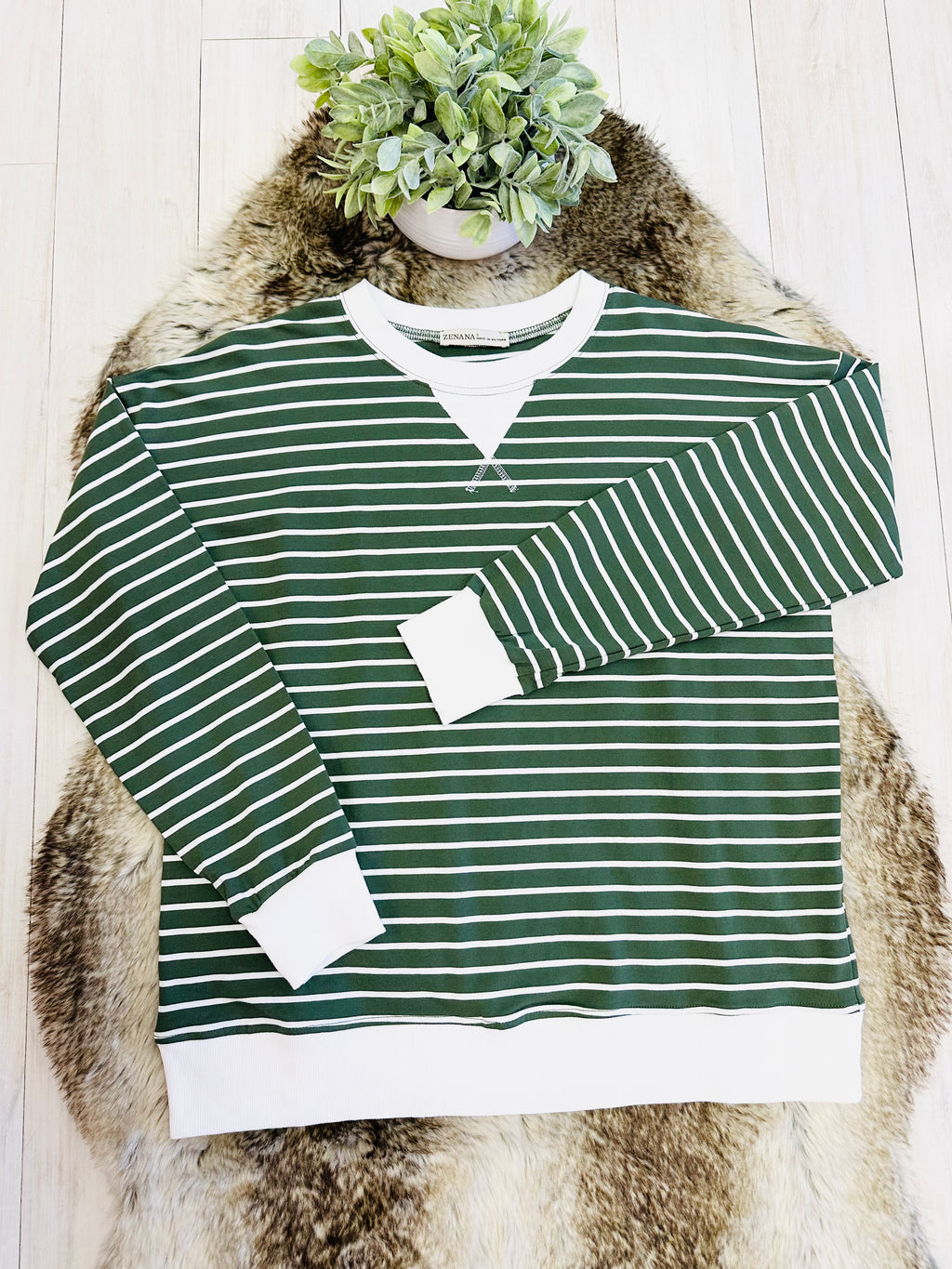 Women’s Zenana Olive Green Striped Long Sleeve Top with White Trim- True to Size