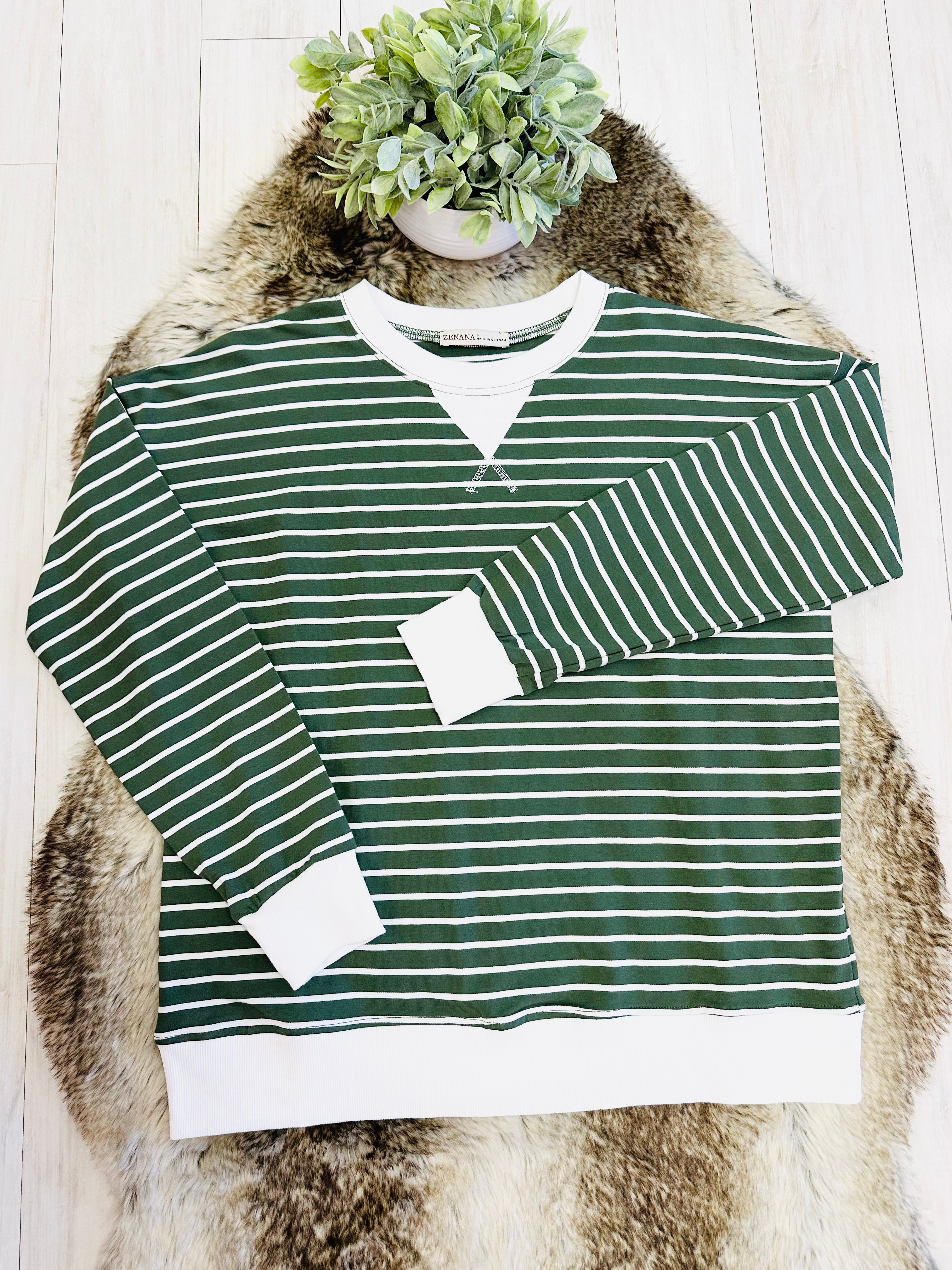 Women’s Zenana Olive Green Striped Long Sleeve Top with White Trim- True to Size