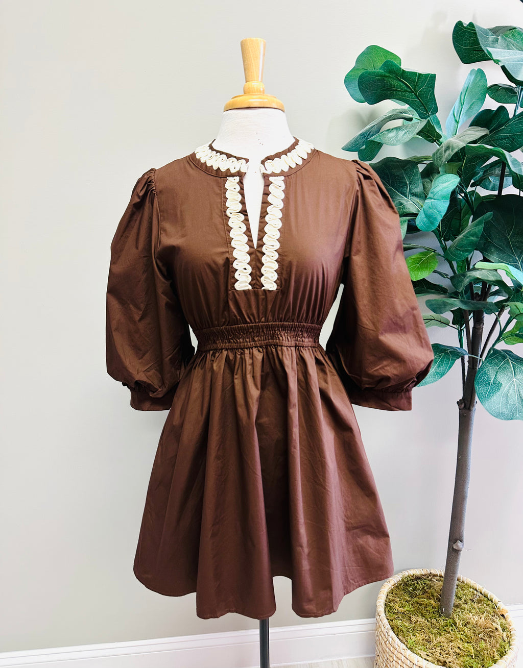 Women’s Dark Brown Dress with Puff Sleeves by Jodifl- True to Size