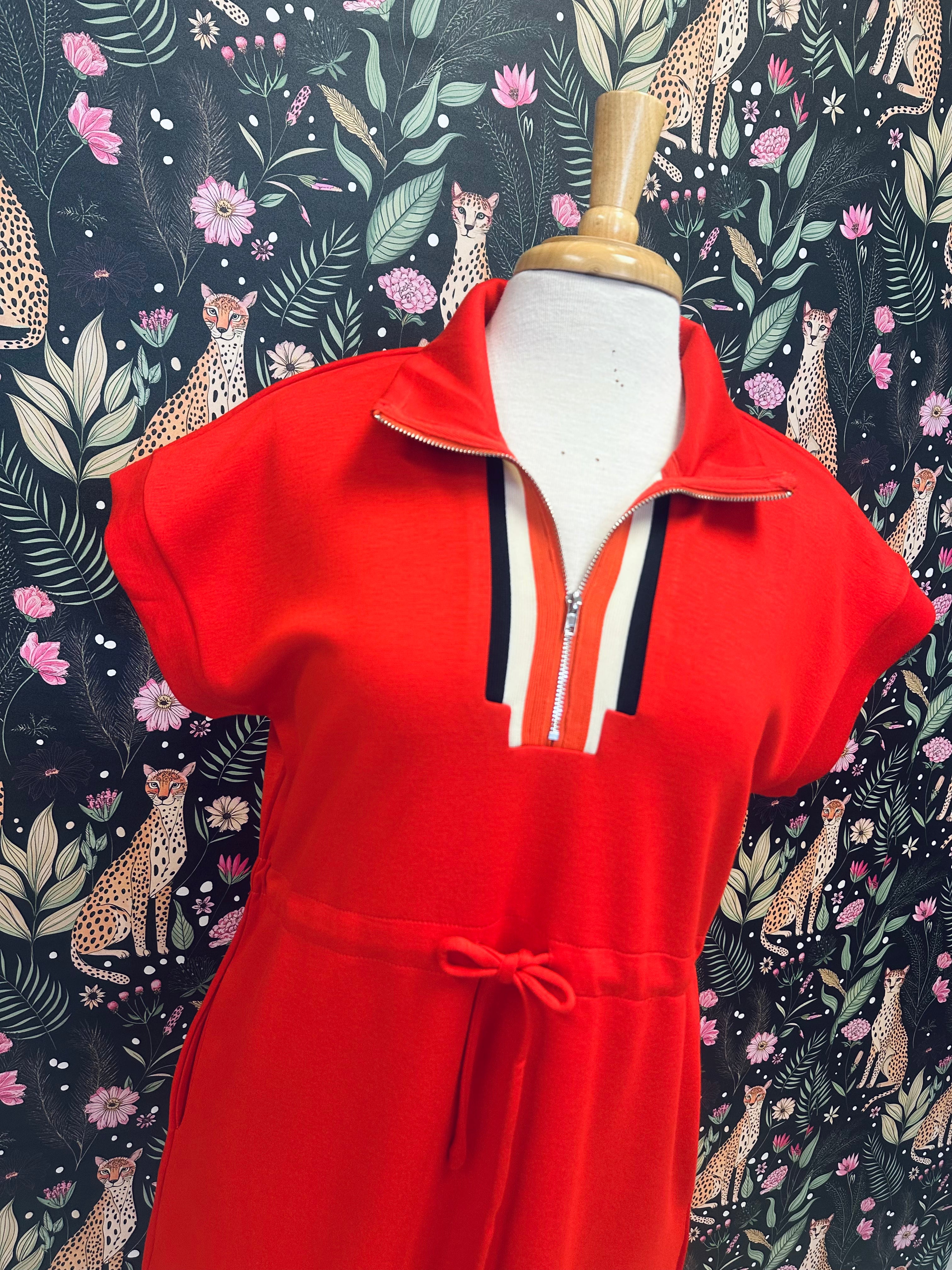 Women’s Jodifl Red Half Zip Collared Dress with Drawstring Waist and Pockets