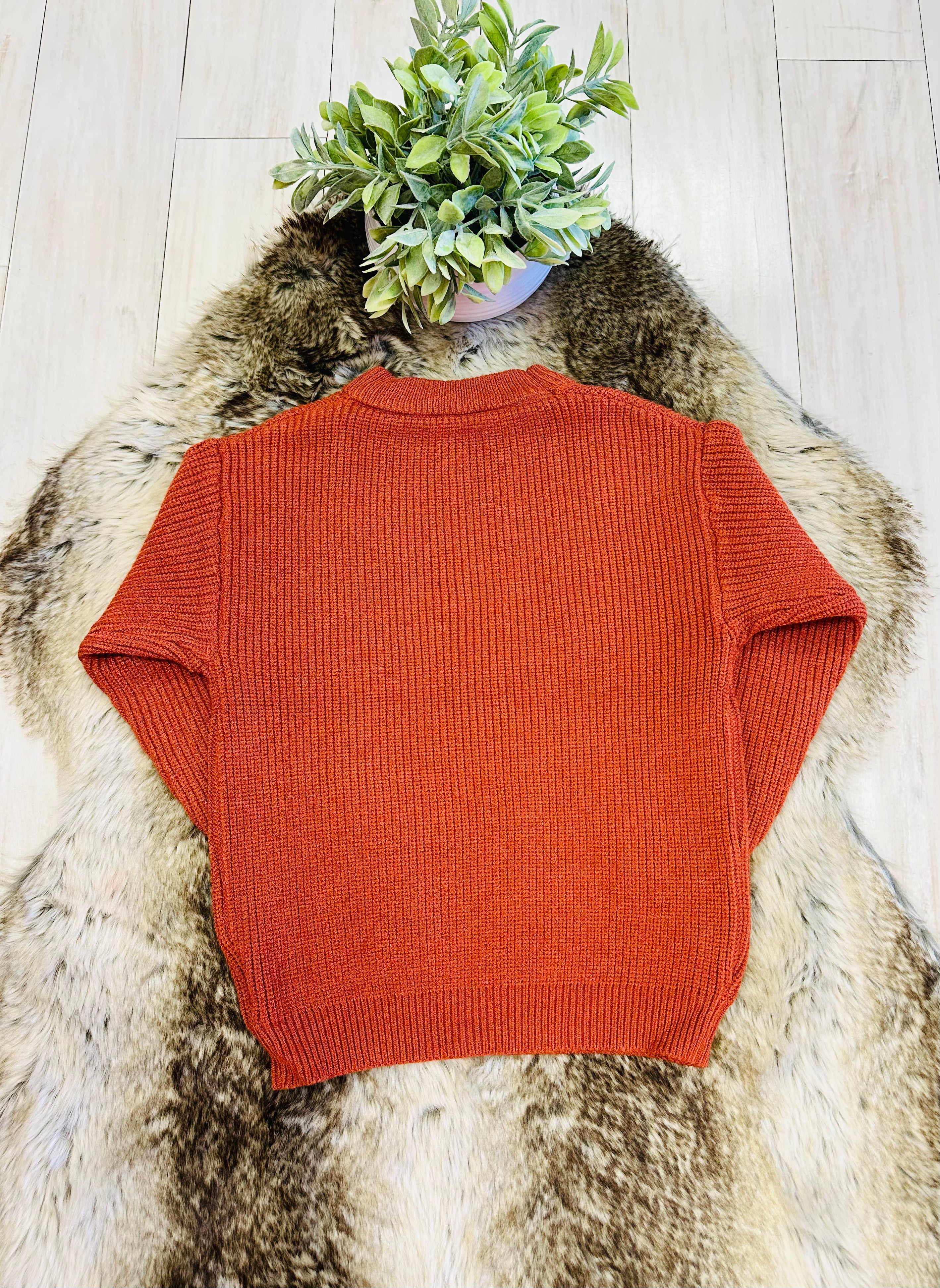 Girl’s Burnt Orange Fall Knit Sweater Top with Pumpkin and Flower Details