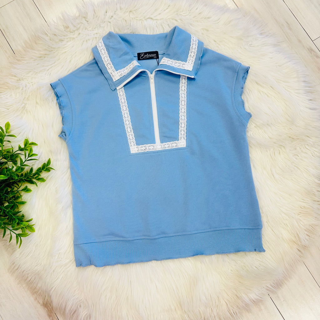 Women’s Blue Half Zip Pant Set with Lace Trim