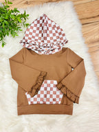 Girl’s Brown Check Hooded Outfit with Ruffle Trim
