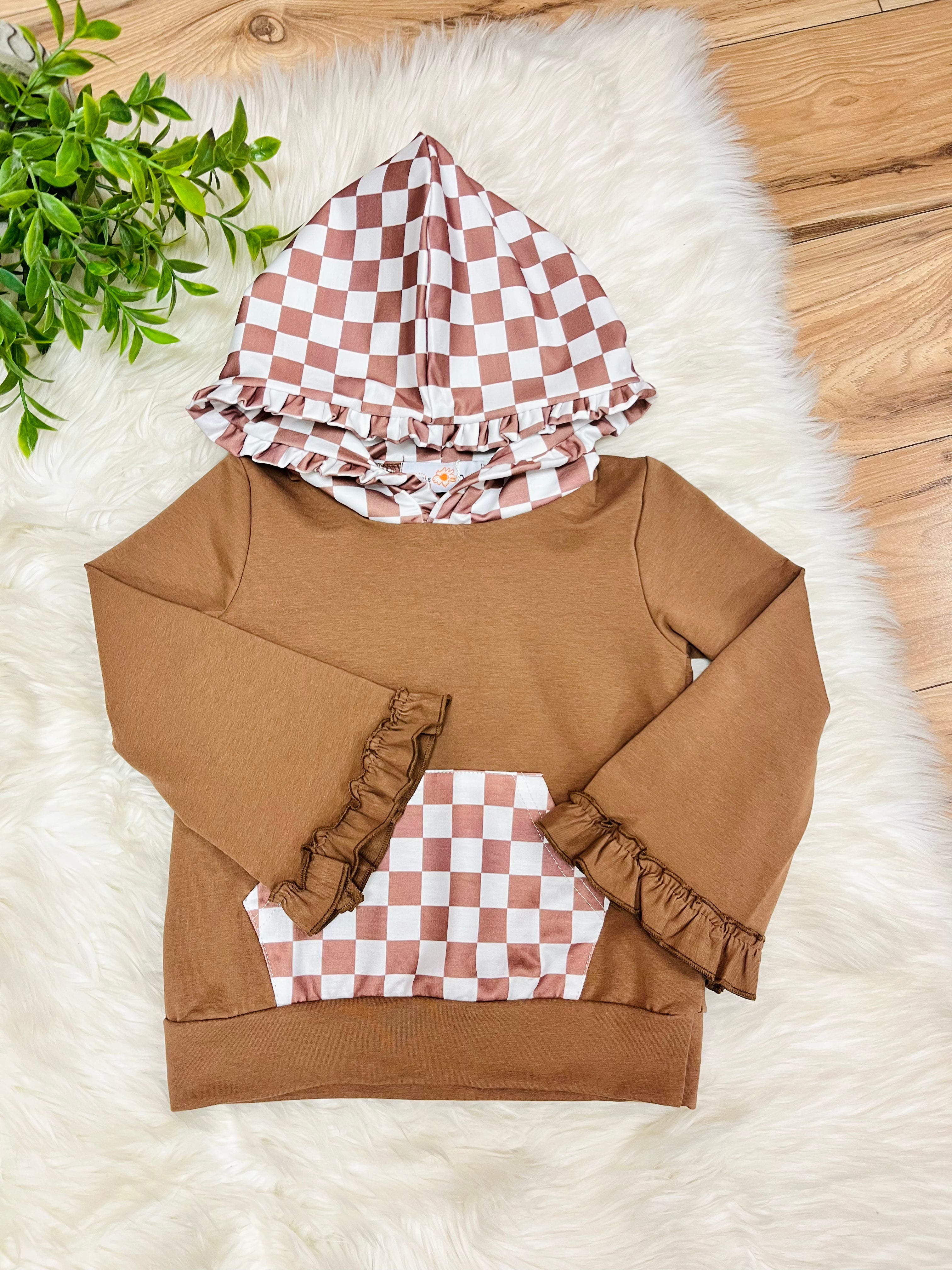 Girl’s Brown Check Hooded Outfit with Ruffle Trim