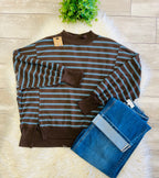 Women’s Blue/Brown Striped Mock Neck Long Sleeve - Oversized fit
