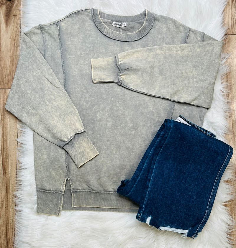 Zenana Basic Acid Wash Exposed Seam Pullover Sweater Sleet Grey