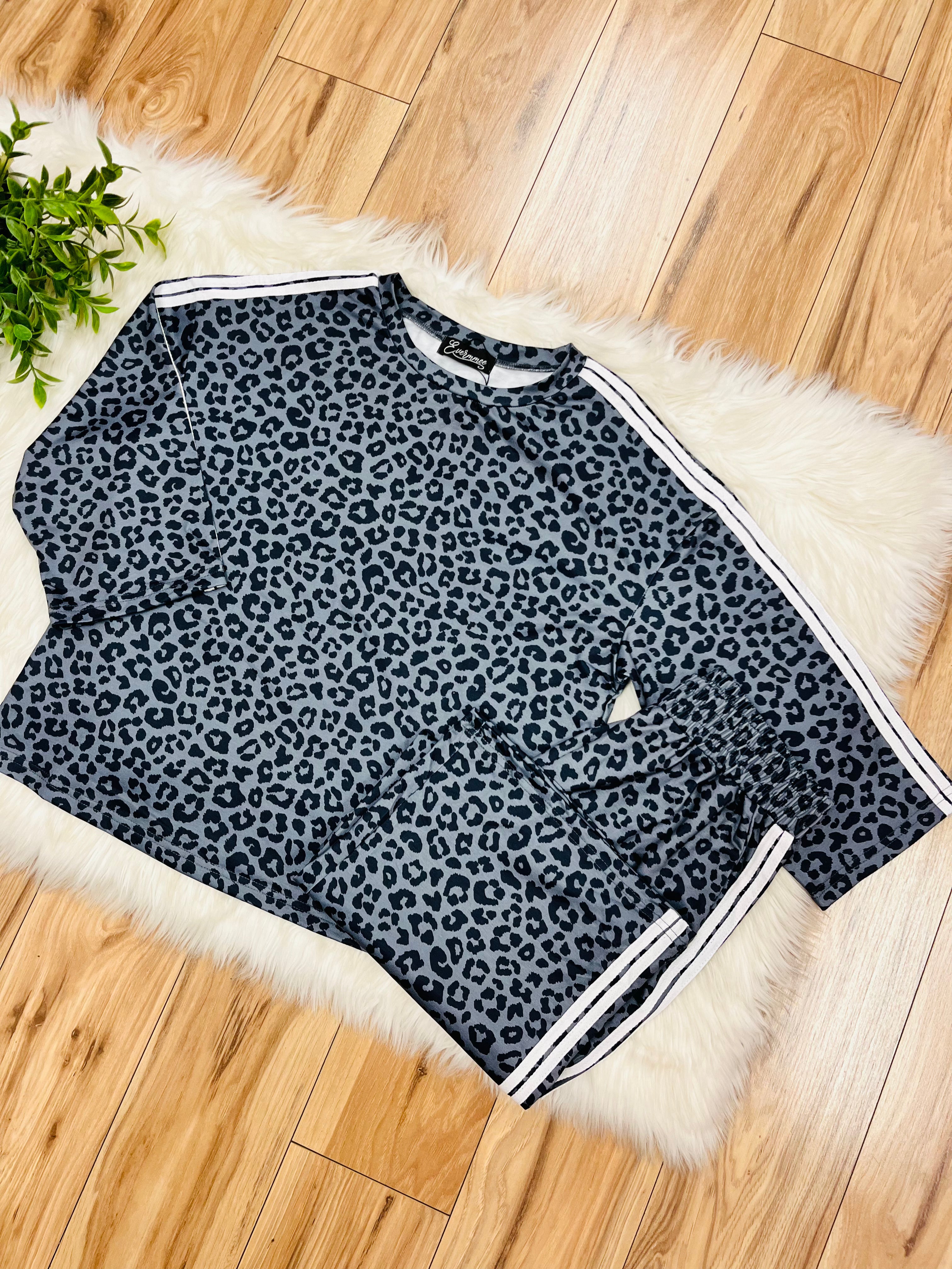 Women’s Grey and Black Leopard Pant Set with Stripe Detail- True to Size